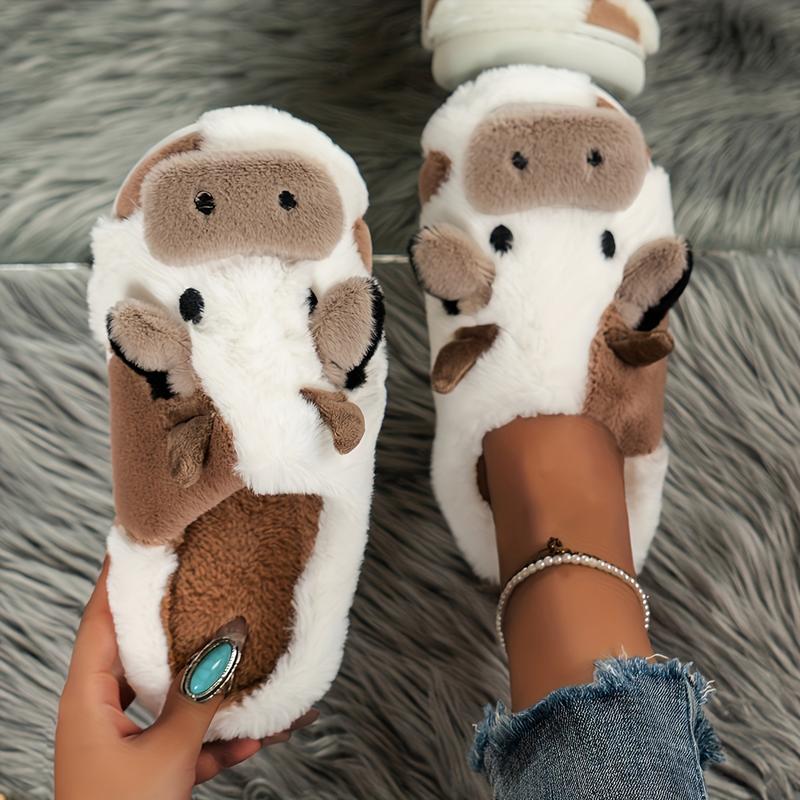 Women's Fuzzy Cow Cotton Slippers Portable Animal Slippers For Indoor Outdoor Warmth Lovely In Winter Springfresh