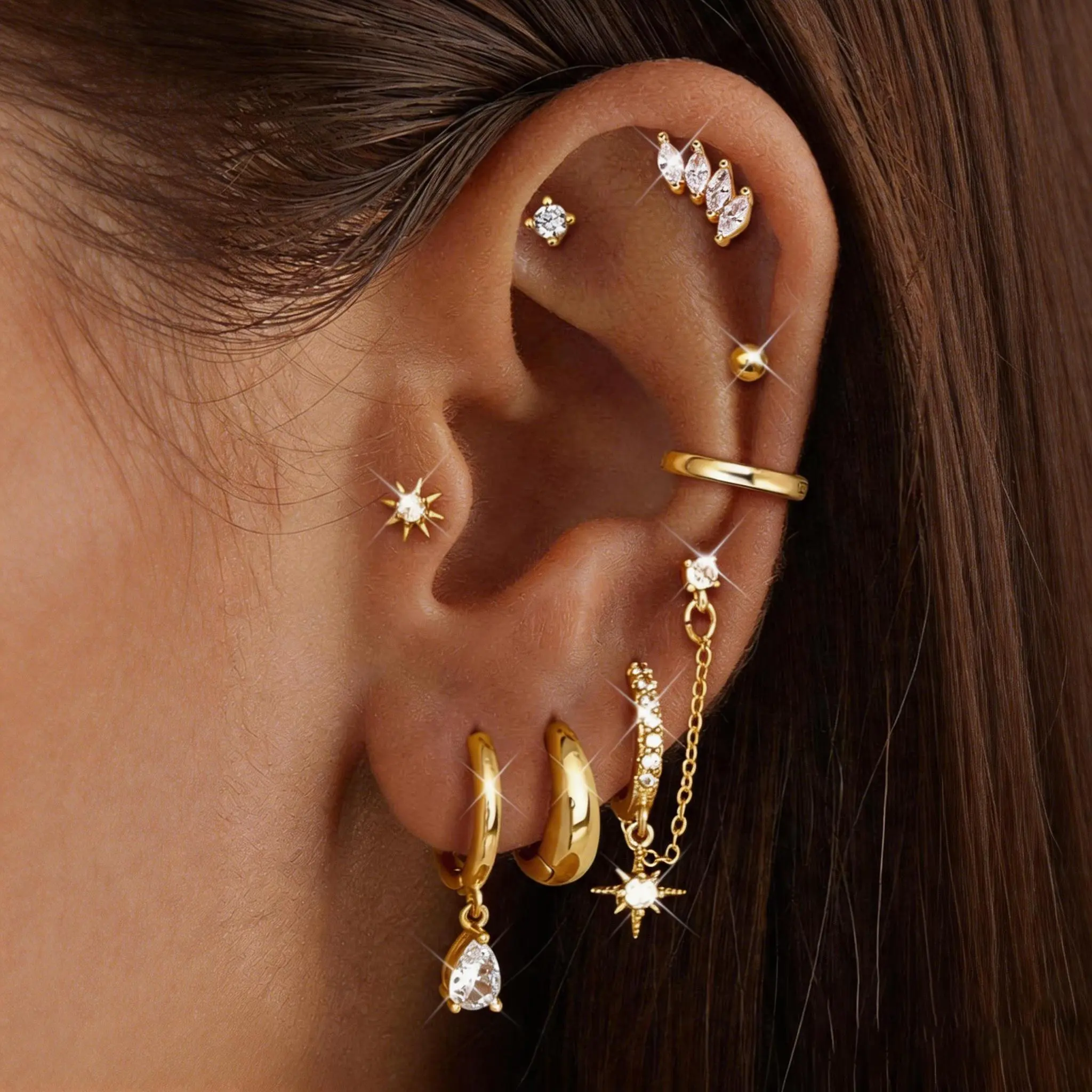 CASSIECA 8Pairs Earrings Stack Set for Women Gold-Plated Hypoallergenic Chain Cartilage Pieces Silver Huggie Hoop Studs for Multiple Piercings Lightweight Jewelry For Women  Sohochic