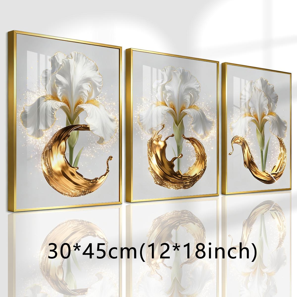 3 Counts Aluminum Alloy Framed Painting, Elegant White Iris And Golden Splash Art Pictures, Home Decoration For Living Room, Bedroom, Office, Restaurant, Hallway Wall Decor, Odorless Print Artwork, Luxury Perfect Gift For Friends And Family