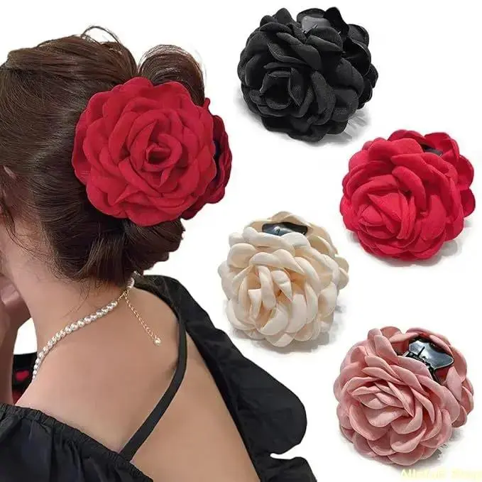 Women's 3PCS Oversized Plain Floral Multi-Layer Rose Hair Clips Set - Soft Touch Flower Barrettes, Secure Grip Updo Clips for Wedding Party & Daily Wear, Elegant Fashion Accessory for Women