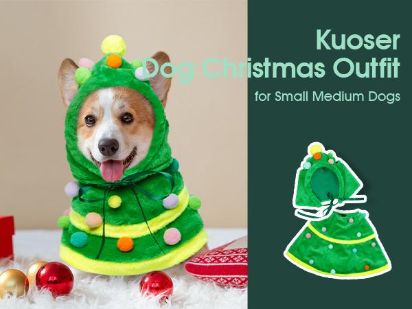 Kuoser Christmas Dog Outfit Set with Tree Hat & Dress for Small Medium Dogs Festive Winter Costume with Pom-Poms and Adjustable Drawstring dog clothes Puppy