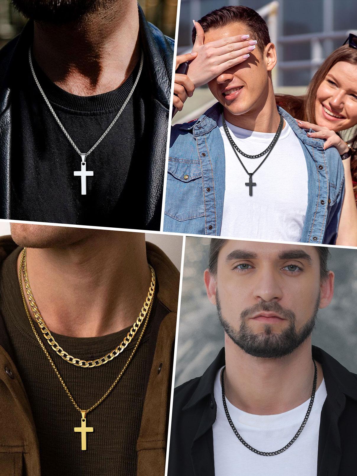 PROSTEEL Double Layered Cross Pendant Necklace Set Stainless Steel Catholic Crucifix Cuban Chain Necklace Religious Jewelry For Men Women Gift Box