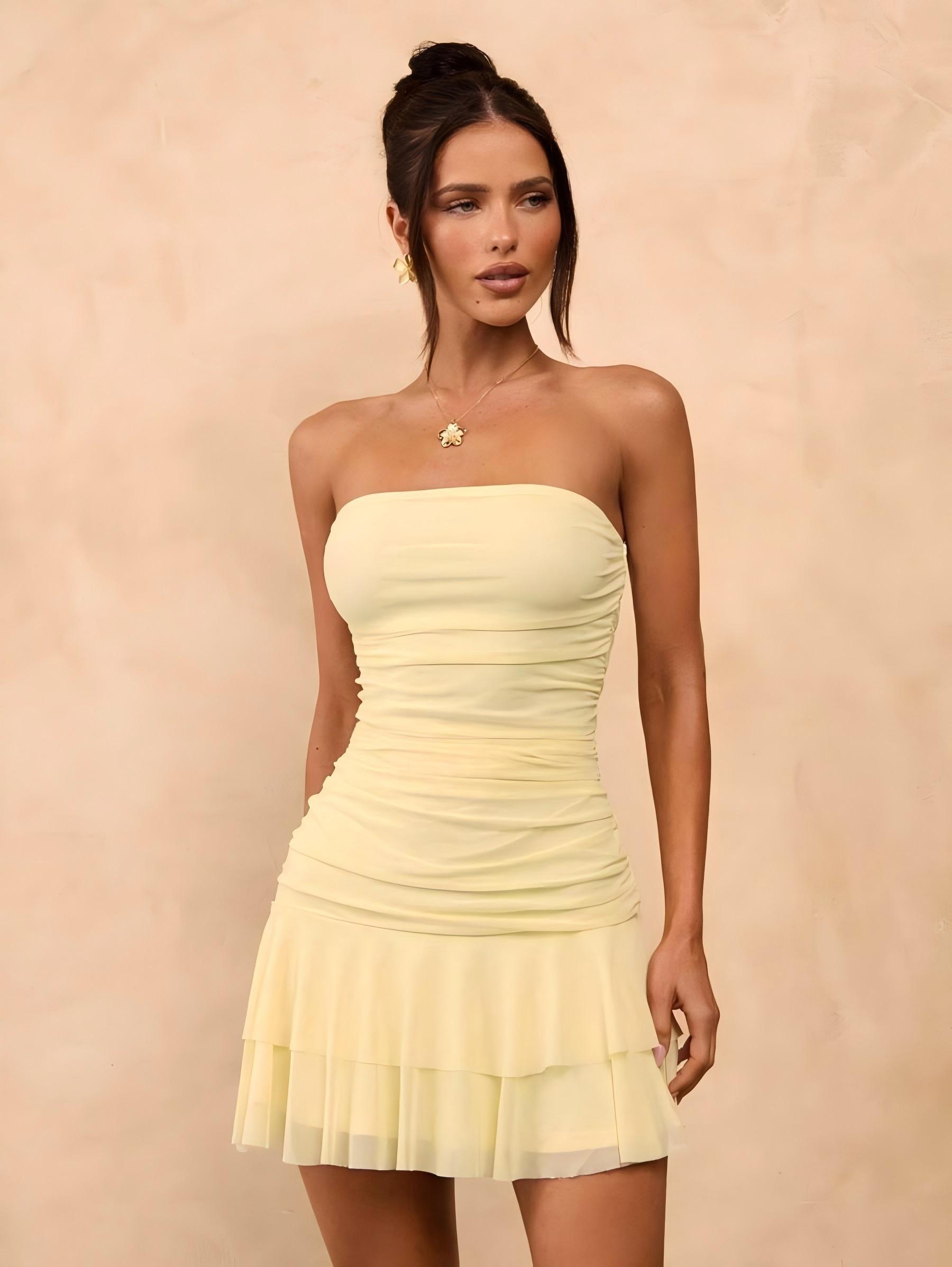 Bustier Mini Dress with Ruffles, Cute Sleeveless Summer Dress, Breakfast Lunch Dress, Valentine's Day, Women's Fashion, Womenswear, Elegant Strapless Dress, Chic Elegant Dress