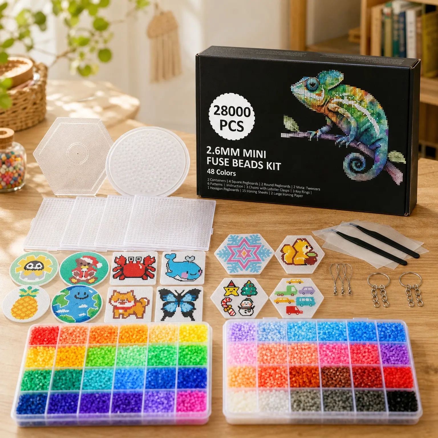 28,000 Mini Fuse Beads Kit, 2.6mm 48 Colors Melty Beads with 7 Pegboards, 15 Ironing Sheets, 2 Tweezers, 2 Ironing Papers & 6 Chain AccessoriesGift