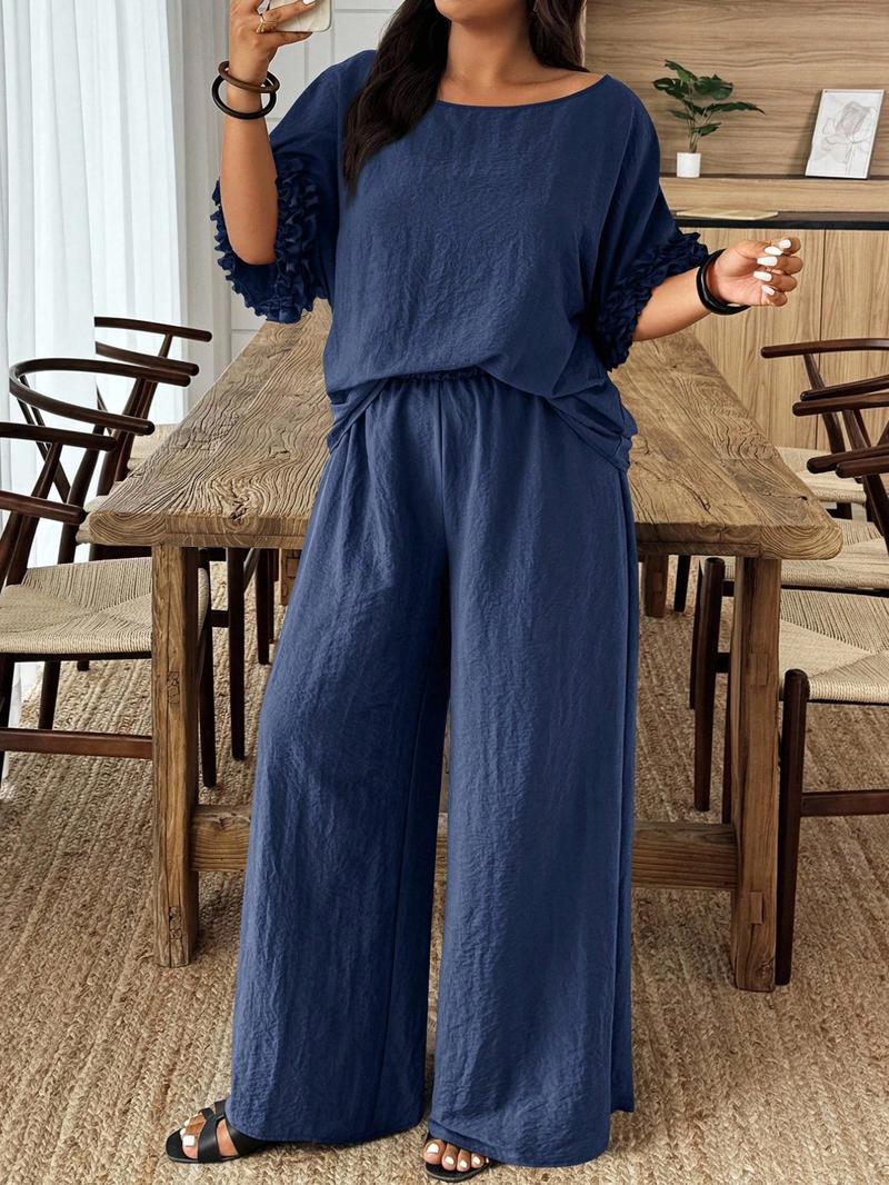 Plus Size Solid Color Round Neck Batwing Sleeve Shirt and Wide Leg Pants Casual Two-Piece Set, Comfortable and Stylish