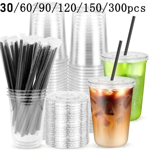 300/150/120/90/60/30 Piece Set, 16oz with Lids and Straws, Leak-Proof, Transparent, Disposable, Bulk Plastic Cups, Party Cups for Events