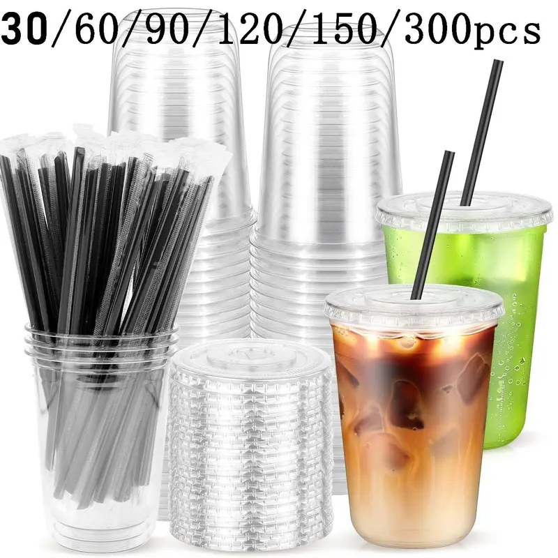 300/150/120/90/60/30 Piece Set, 16oz with Lids and Straws, Leak-Proof, Transparent, Disposable, Bulk Plastic Cups, Party Cups for Events