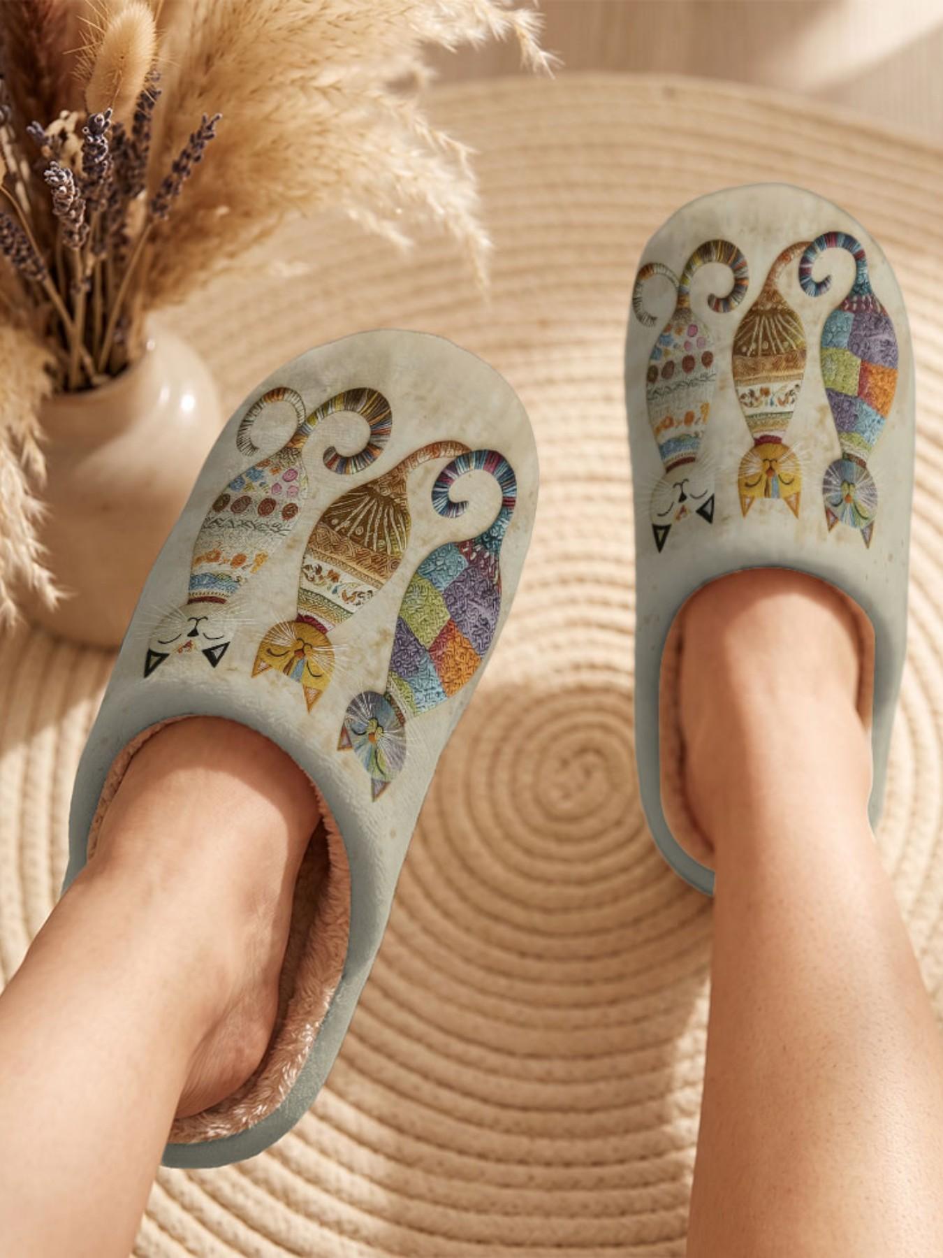 Women's Halloween Plush House Slippers, Cute Pet Prints, Fall Winter Non-Slip Warm Indoor Shoes, Casual Fabric Upper