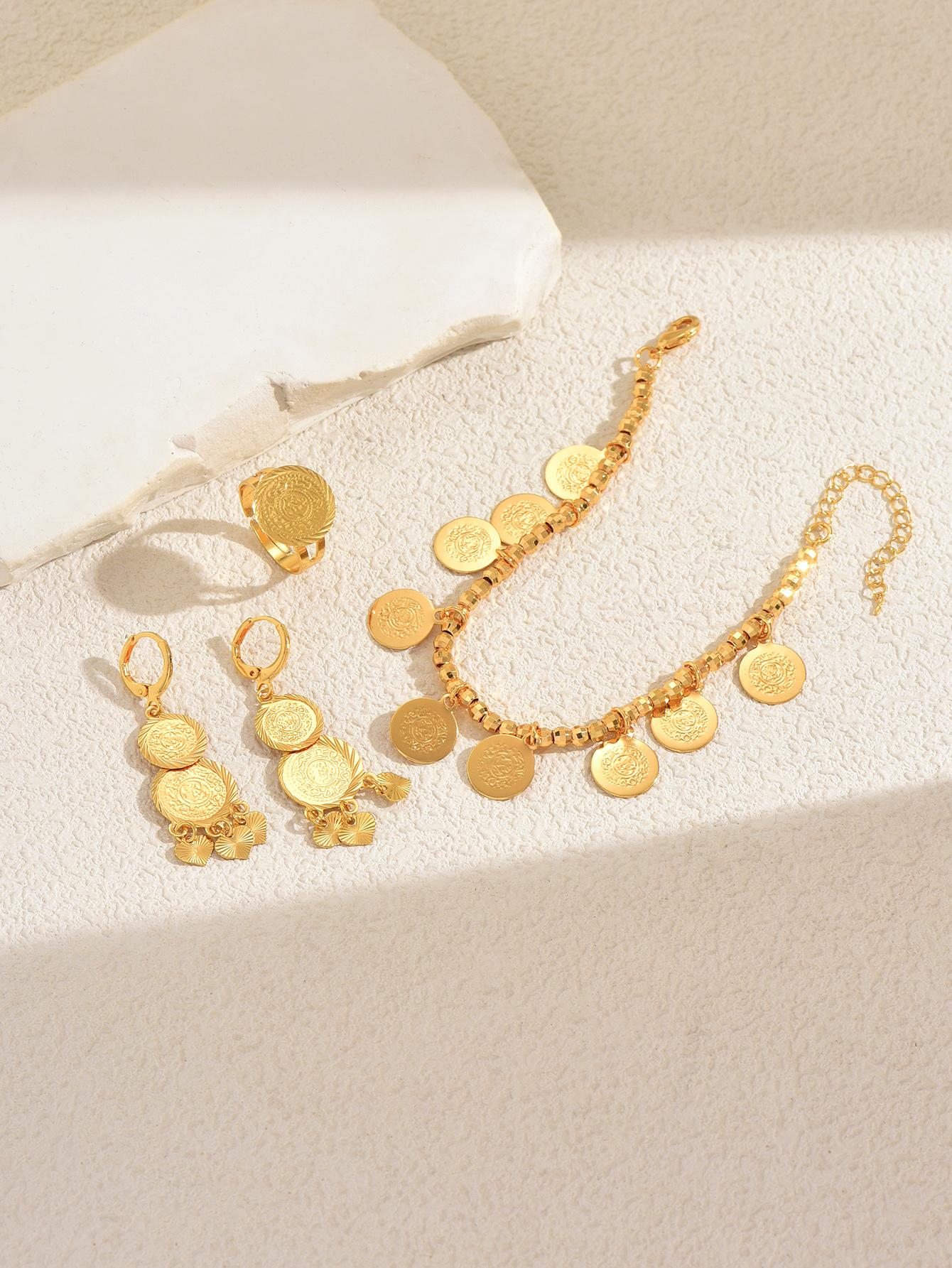 Vintage Coin Design Jewelry Set, Bracelet Ring Earrings, Casual Style Accessories for All Seasons, Copper Chain Material, Glamour Set