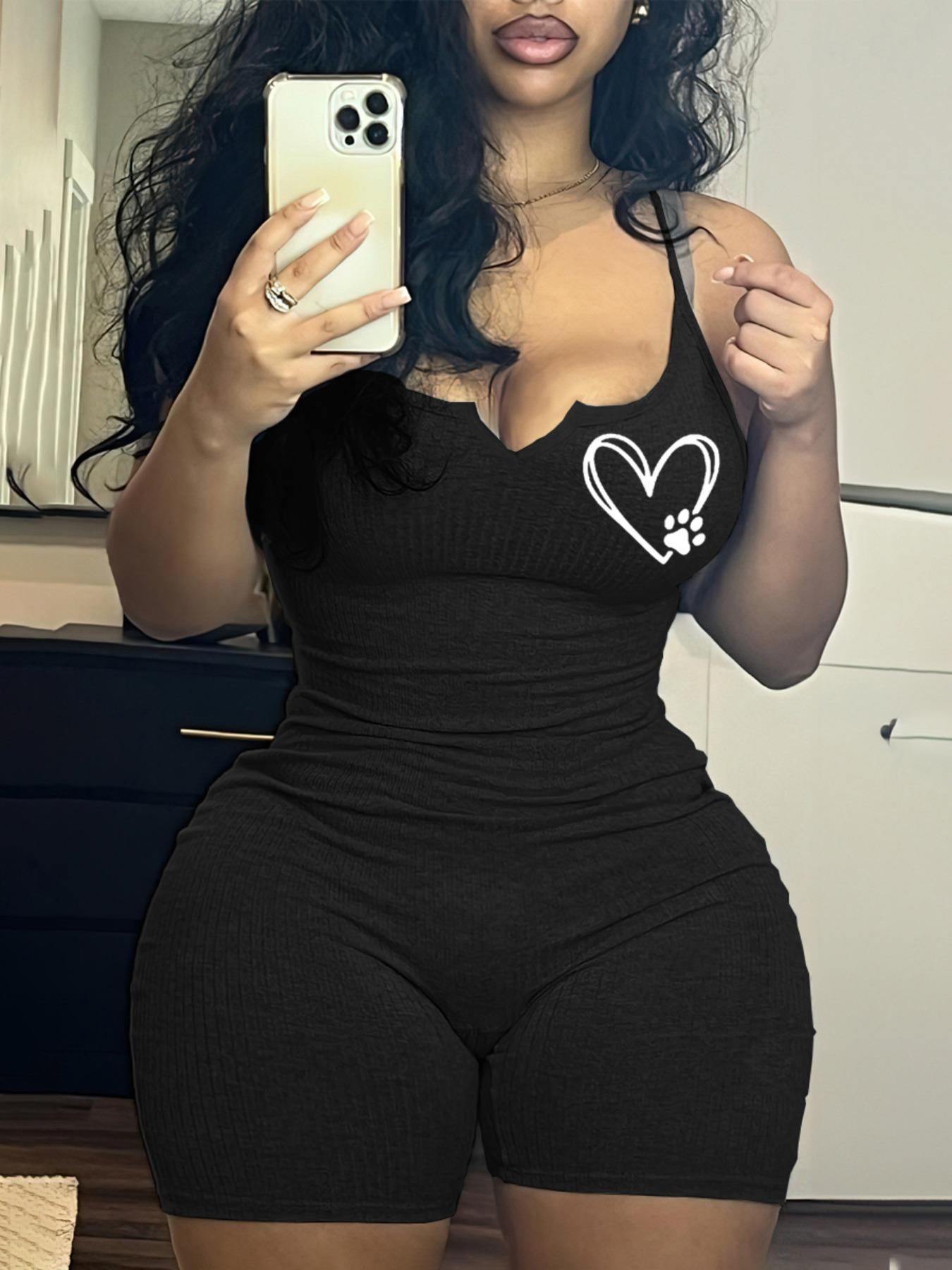 Women's Solid Color / Heart Print Notched Neck Cami Ribbed Romper, Casual Basic Spaghetti Strap Sleeveless High Waist Skinny Romper for Summer, Ladies Clothes for Daily Wear