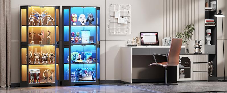 BROTTAR Display Cabinet with Glass Doors, 65" Lighted Curio Cabinet with 3 Color Lights for Collectibles, Toys, 4-Tier Corner Display Case with Human Body Sensor for Living Room,  Led Lighting,Large Storage Capacity ,Black