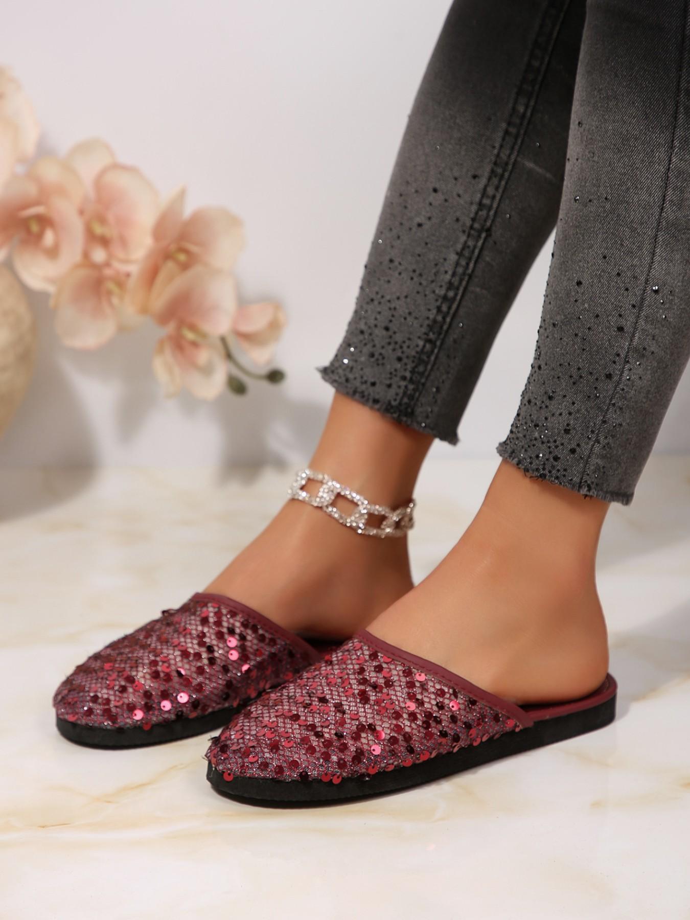 Blingbing Disco Effect Shoes, Gradient Wine Sequined Mesh Upper, Full Round Toe Design, Retro Hong Kong Style, All-Season Casual Footwear