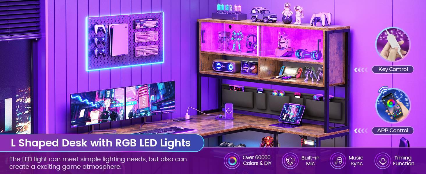 Sedeta L-shaped Computer Desk Home Office with 2 Drawers & Hutch Game Table LED Lights Glass Cabinet Storage Pockets Gaming Keyboard Wood Workstation