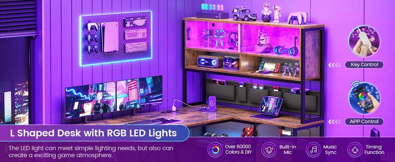 Sedeta L-shaped Computer Desk Home Office with 2 Drawers & Hutch Game Table LED Lights Glass Cabinet Storage Pockets Gaming Keyboard Wood Workstation