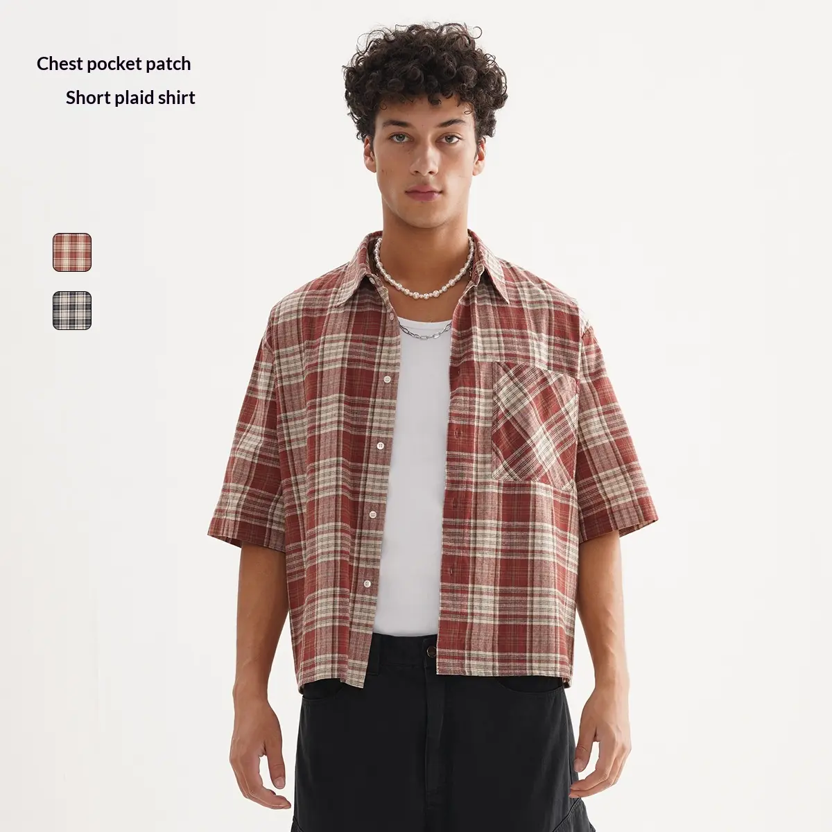 Men’s 100% Cotton Plaid Short Sleeve Shirt, Relaxed Fit Cropped Button-Up with Chest Pocket, Vintage Casual Streetwear Overshirt for Summer & Everyday Wear