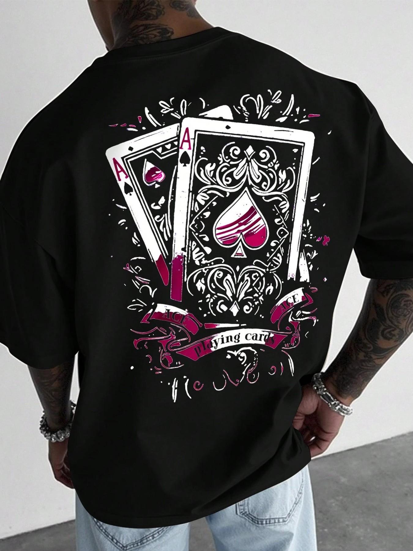 Men's Casual Short-Sleeve T-Shirt, Long Vintage Street Style Ace of Spades Playing Card Print, Loose and Versatile Top, Suitable for Hip-Hop Fashion, Streetwear and Daily Wear