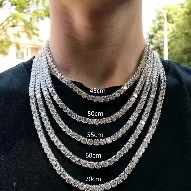 Silver Plated Full Pave Cubic Zirconia Tennis Chain Iced Out Hip Hop Men Necklace 45-70cm Party Jewelry Gift
