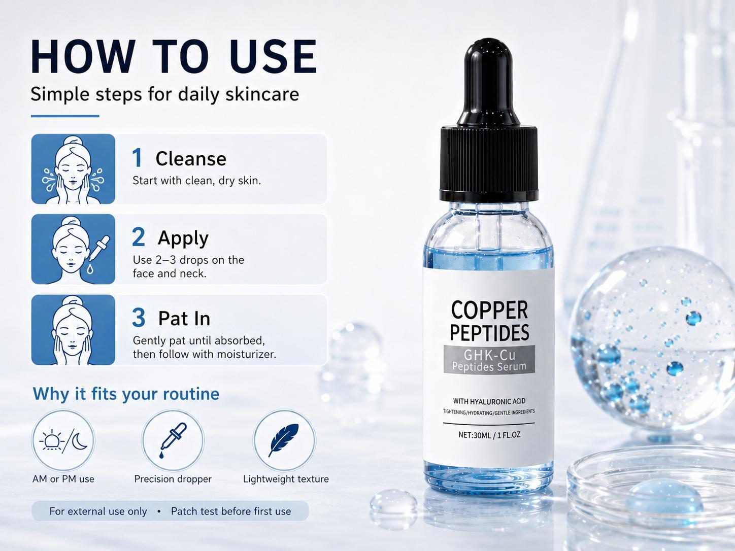 Organic GHK-Cu Copper Peptide Facial Care Serum with Hyaluronic Acid - Daily Lightweight, Alcohol-Free Formula to Hydrate, Firm, Plump, Soften, Rejuvenate, Repair Dry/Dull Skin - 1 fl oz/30 ml Skincare Essence