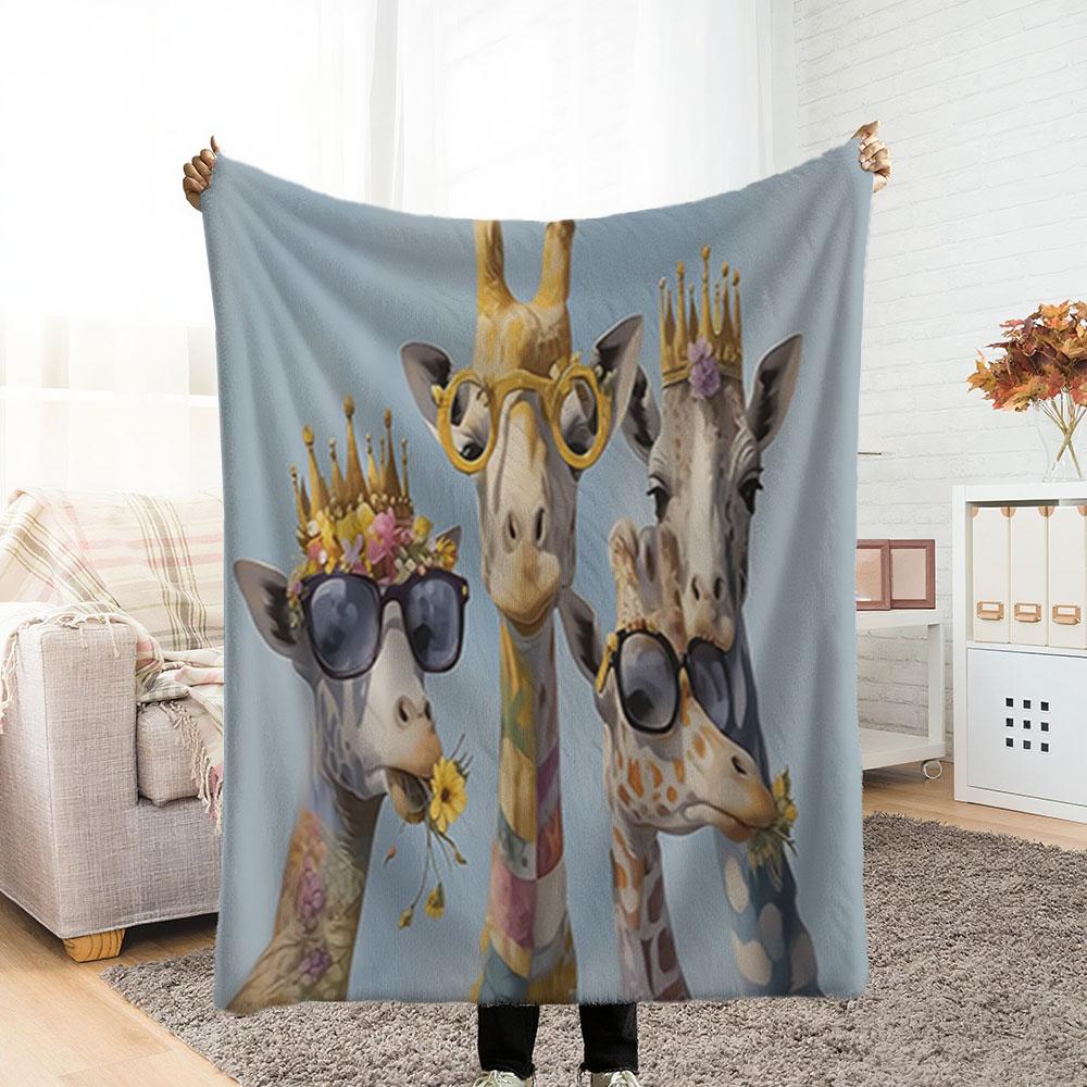 Passionate Lily Giraffe Blanket - Soft Flannel Giraffe Pattern with Crown and Stylish Glasses, Thick Fleece Blanket, Bedroom Throw, Couple's Blanket, Extra Large Leisure Blanket, Living Room Blank