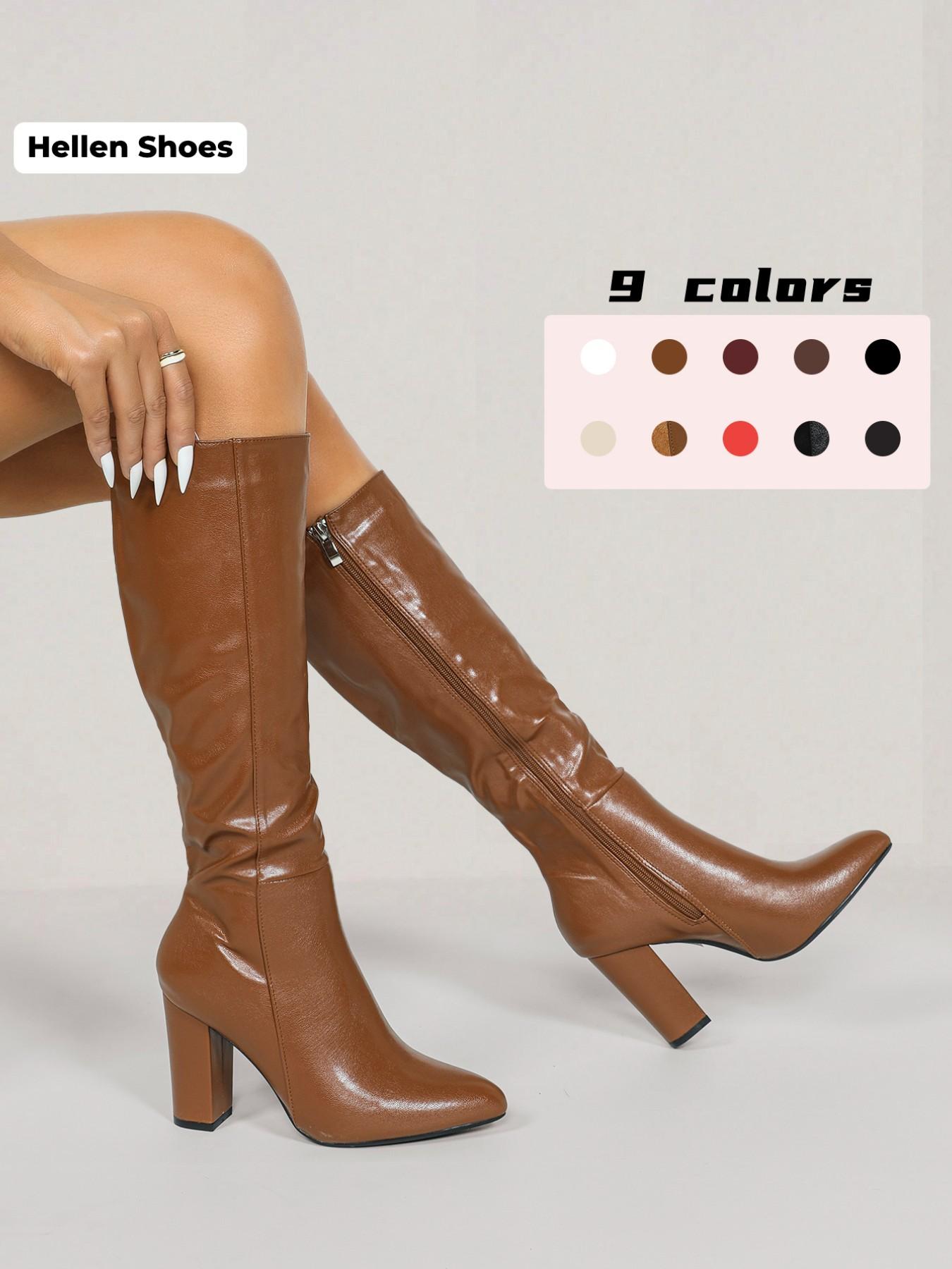 Women's Solid Color Knee High Heel, Elegant Pointed Toe for Fall & Winter, Pointy Toe Boots, Women's Shoes