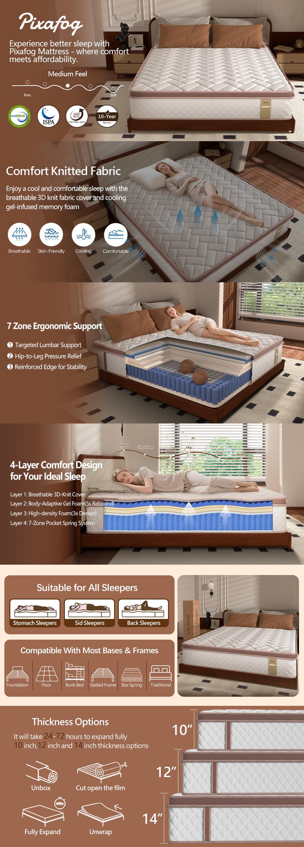 Queen Size Mattress, Queen Size King Size Cooling Gel Memory Foam Mattresses for Pressure Relief, Medium Firm Hybrid Mattress in a Box, CertiPUR-US Certified Zero Disturbance for Couples