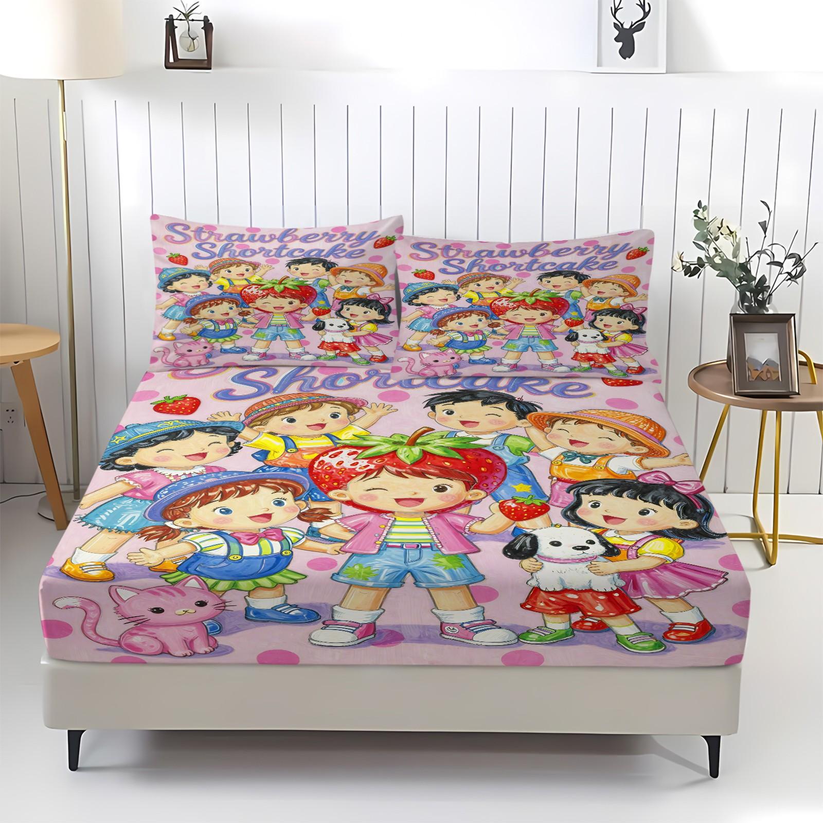 Strawberry Sweetheart Fitted Sheet Set & 2 Pillowcases, 3D Strawberry Full Print & Q-Version Cartoon Girl Design, Soft Anti-Slip Wrinkle-Resistant, Sweet Healing Style Girl's Room Kids Room Decor, Gift Choice