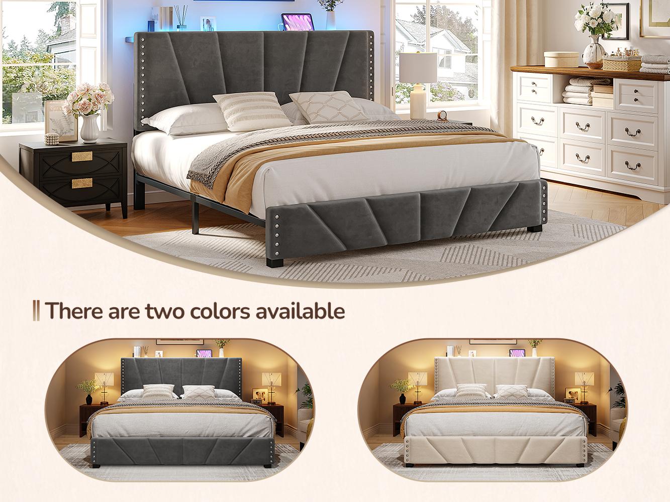 Full/Queen/King Size LED Bed Frame with Velvet Storage Headboard Platform Bed with Charging Station, No Mattress, Sturdy Wooden Slats Support