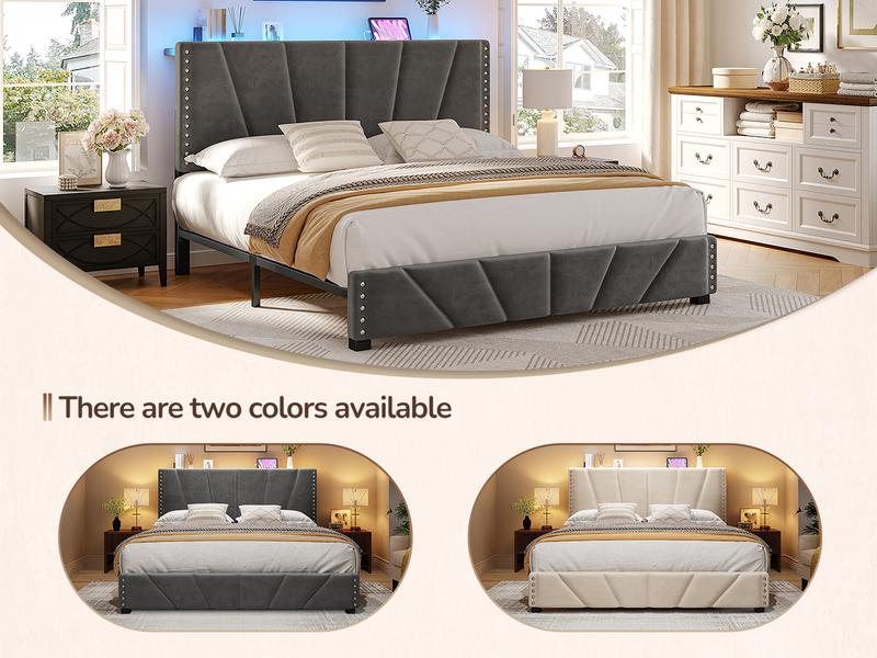 Full/Queen/King Size LED Bed Frame with Velvet Storage Headboard Platform Bed with Charging Station, No Mattress, Sturdy Wooden Slats Support