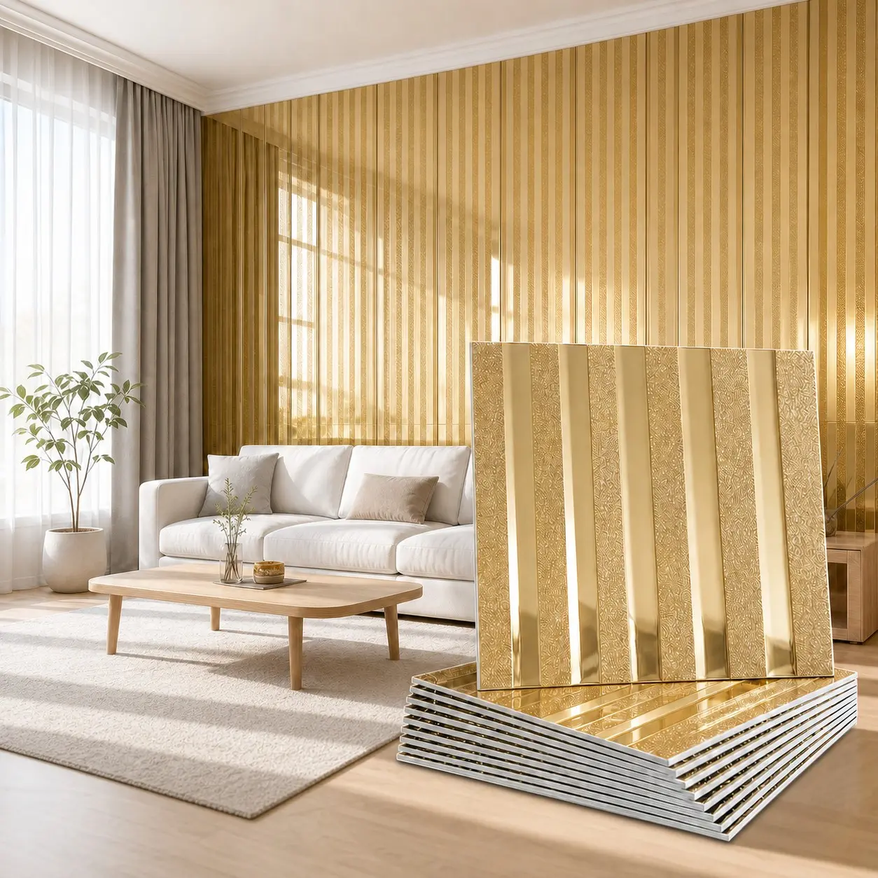 3D Self‑Adhesive DIY Wood Grain Wall Panels, 11.81×11.8 inches, mirror metallic finish. Textured grille panels suitable for kitchen, bathroom, living‑room TV background walls and interior walls. Waterproof, moisture‑proof and easy to install