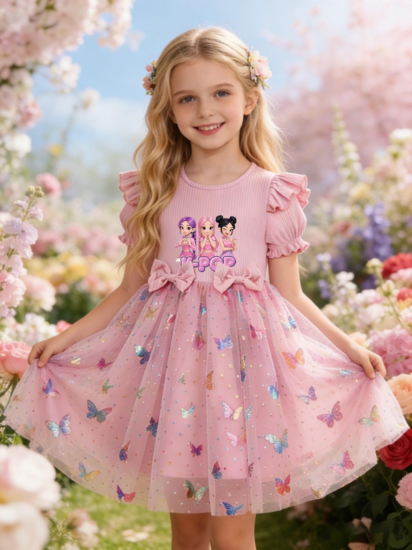 Princess Party Dance Dress, Butterfly Mesh Skirt, Dreamy Elegant Design, K-Pop Girl Group Print, Perfect for Camping Travel Parties