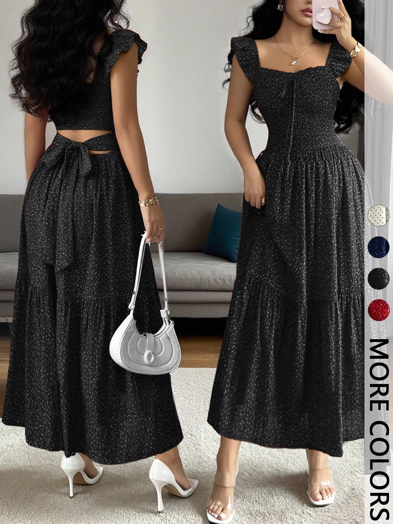 1 Piece Spring & Summer Ruffled Square Neck Polka Dot Maxi Dress , Back Tie Design Retro Sweet Style for Date Nights, Vacation and Beach Party Dress,Waist-Cinching Slimming Romantic Girl Style for Parties and Daily Outings, Casual Wear