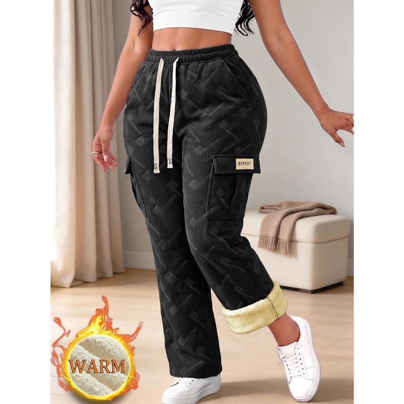 Lady's Fleece-Lined Corduroy Wide-Leg Cargo Joggers, Drawstring Waist Utility Pockets, Cozy Street Style Warm Trousers for Winter Indoor Wear