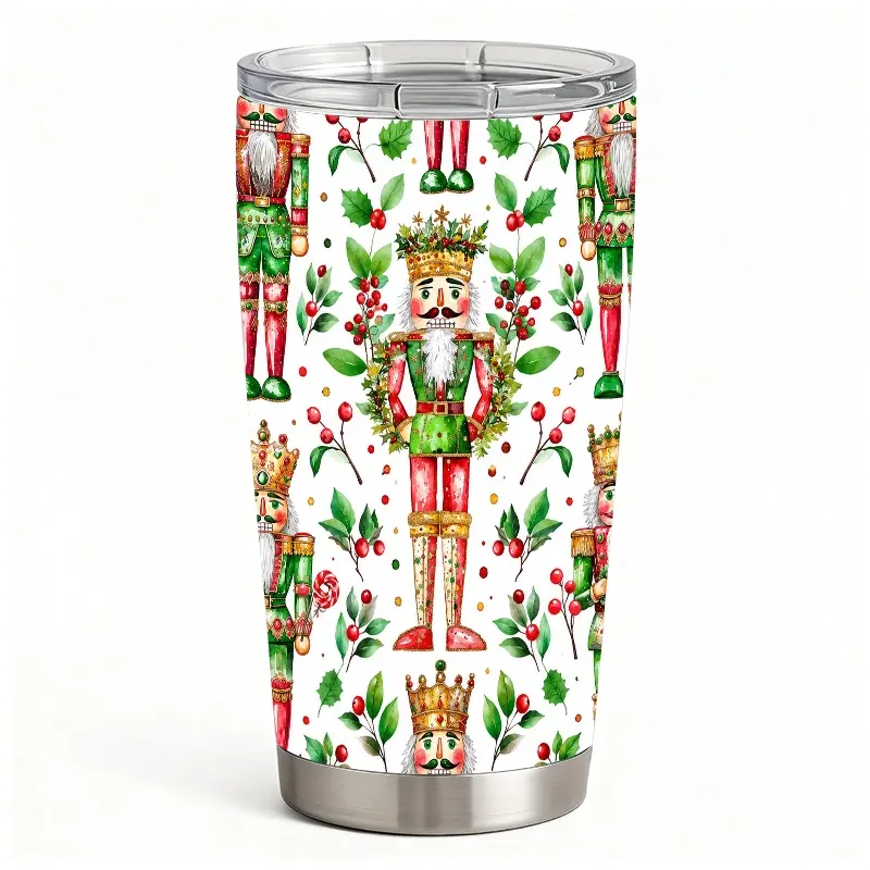 1 pc 20 oz Traditional Colorful Nutcracker Pattern Stainless Steel Tumbler, Portable Double-Wall Vacuum Insulated Travel Mug with Transparent Lid, Kitchenware Drinkware for Birthday & Holiday Gifts