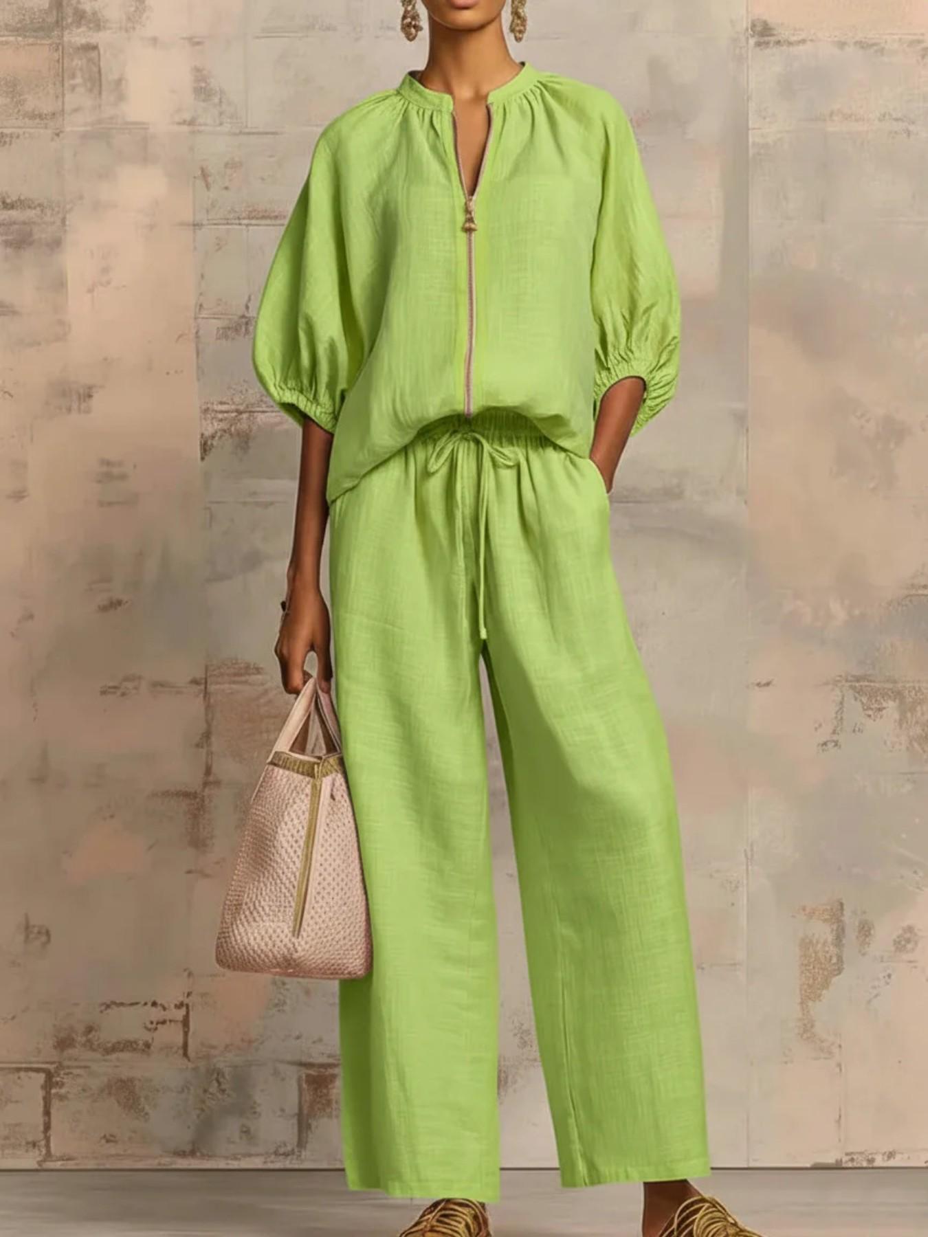 Casual Two-Piece Set, Stand Collar Zipper Bubble Sleeve Top + Adjustable Drawstring Wide Leg Pants, Versatile for Commute, Travel, Vacation