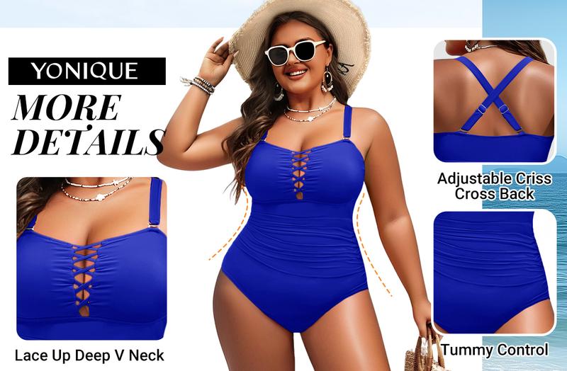 Yonique Women Plus Size One Piece Swimsuits Tummy Control Bathing Suits Vintage Swimwear