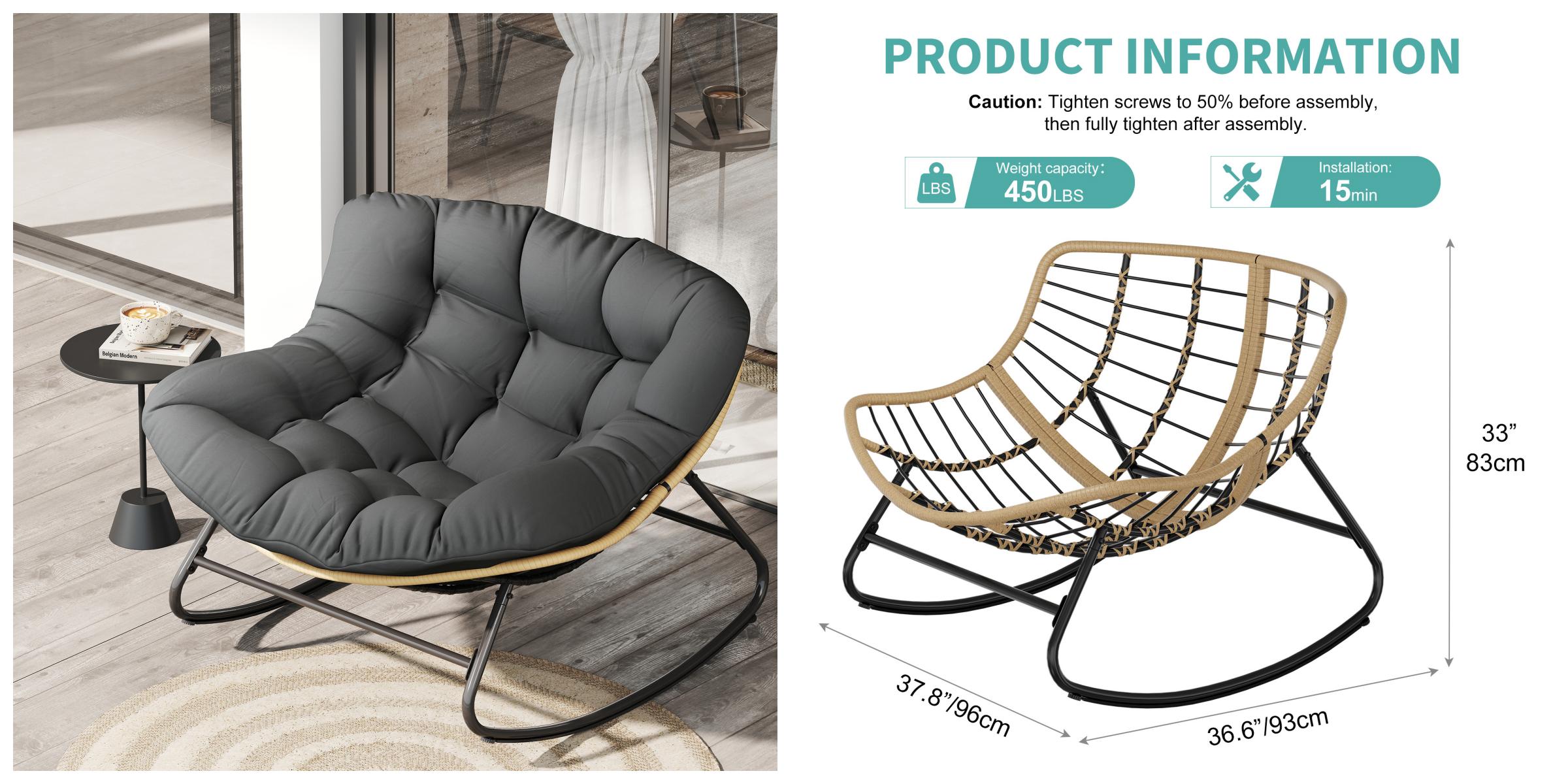 Outdoor Rocking Chair with Thick Cushion,450/550 lbs Capacity, Indoor Egg Rocking Chair with Adjustable Backrest for Backyard, Balcony, Living Room