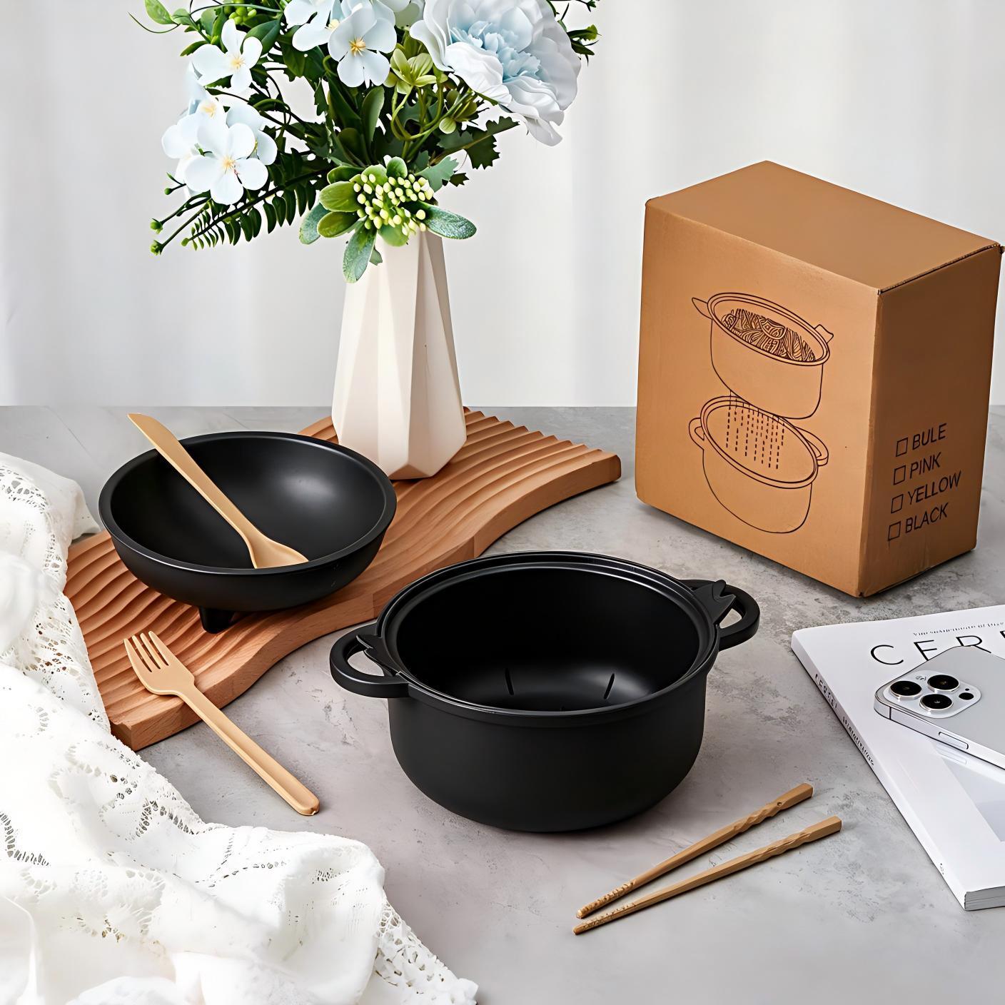 Nifogo Stylish Wheat Straw Cartoon Pig Ramen Noodle Bowl Set - 43oz(1300ml) Microwave-Safe Ramen Cooker with Strainer Lid, Handle, Spoon, Fork, Chopsticks, Stackable Bowls - Camp Kitchen Ware for Home,Camping Use