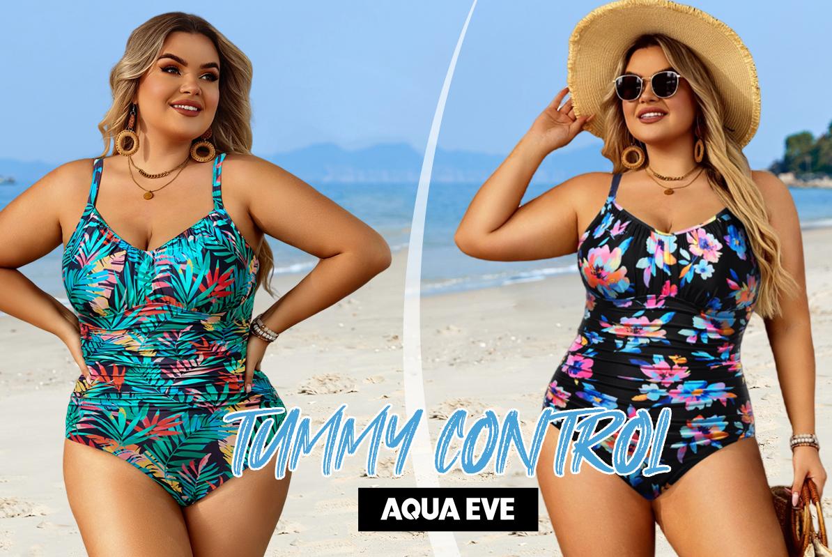 Aqua Eve Plus Size Swimsuit for Women Tummy Control One Piece Bathing Suit Vintage Swimwear Black