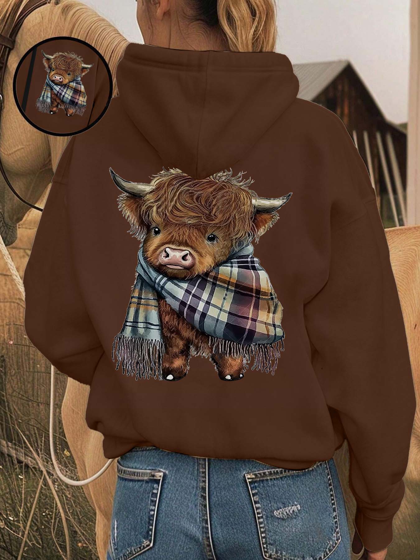 Cozy Fleece-Lined Printed Hooded Fitted Long Sleeves Sweatshirt, Funny Sweatshirt, Cute Highland Cow Animal Design, Unisex Casual Winter Fashion Womenswear with Soft Warm Plush Interior for Cold Weather Aesthetics, Casual Fitted Hoodie Cozy Fleece-Lined Printed Hooded Fitted Long Sleeves Sweatshirt, Funny Sweatshirt, Cute Highland Cow Animal Design, Unisex Casual Winter Fashion Womenswear with Soft Warm Plush Interior for Cold Weather Aesthetics, Casual Fitted Hoodie