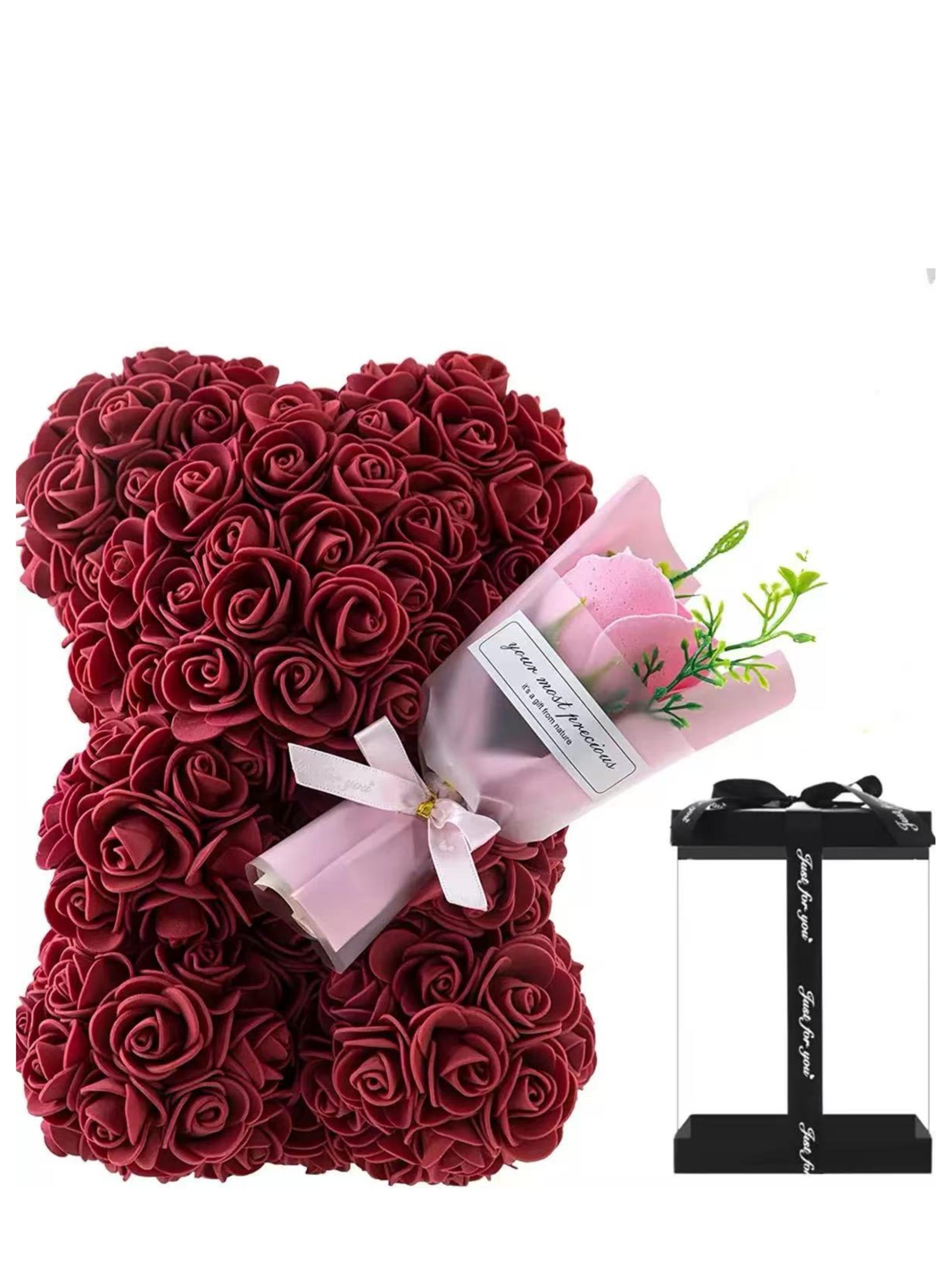 Forever Flower Pe Rose Bear Bouquet, Cute Floral Pattern, Perfect Gift for Valentine's Day, Graduation, Birthday, No Necklace Included