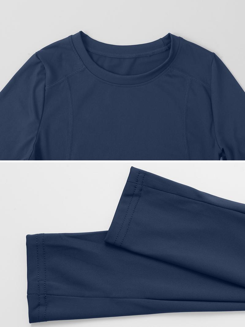 Women's Solid Color Long Sleeve Sport Top, Round Neck Thumb Hole Design, Comfortable Casual Yoga Gym Running Cycling Golf Tennis Wear, Fitness Running Tops