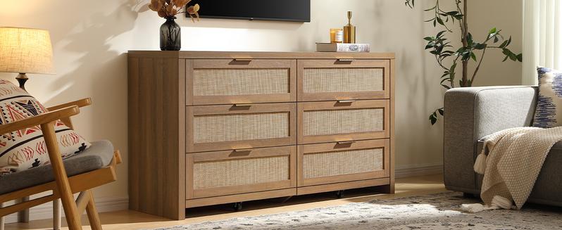 SICOTAS Rattan Dresser for Bedroom, 17.7" x 56.9" x 31.3" Size 6 Drawer Dresser with Ample Storage,Unique Engineered Wood Dressers Large Chest of Drawers for Nursery, Closet, Boho TV Stand for Bedroom, Sturdy and Durable, Easy Installation