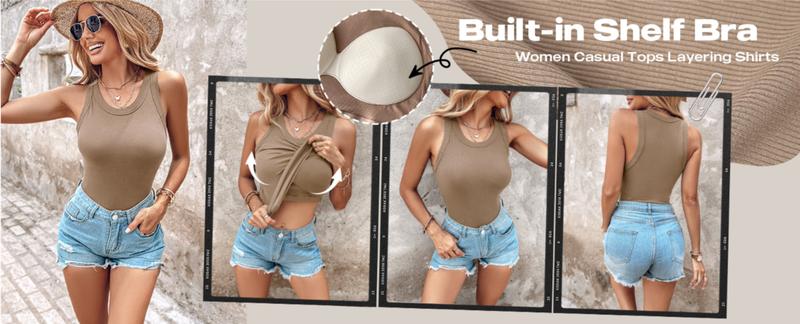 ChicMe 2 Piece Tank Tops with Built in Bras Athletic Tank Tops for Women Ribbed Tank Top/Ribbed Built-in Bra Tank Top