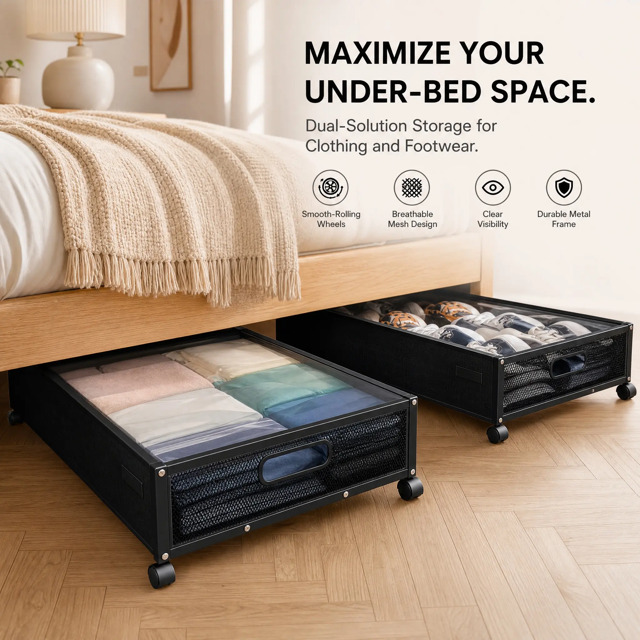 2pcs Under Bed Storage with Wheels, Underbed Storage Containers with Clear Lids - Rolling Drawers & Bins for Clothes, Shoes, Toys, Books, Blankets, Bedroom Storage Box Black And Gray, Under-Bed Storage
