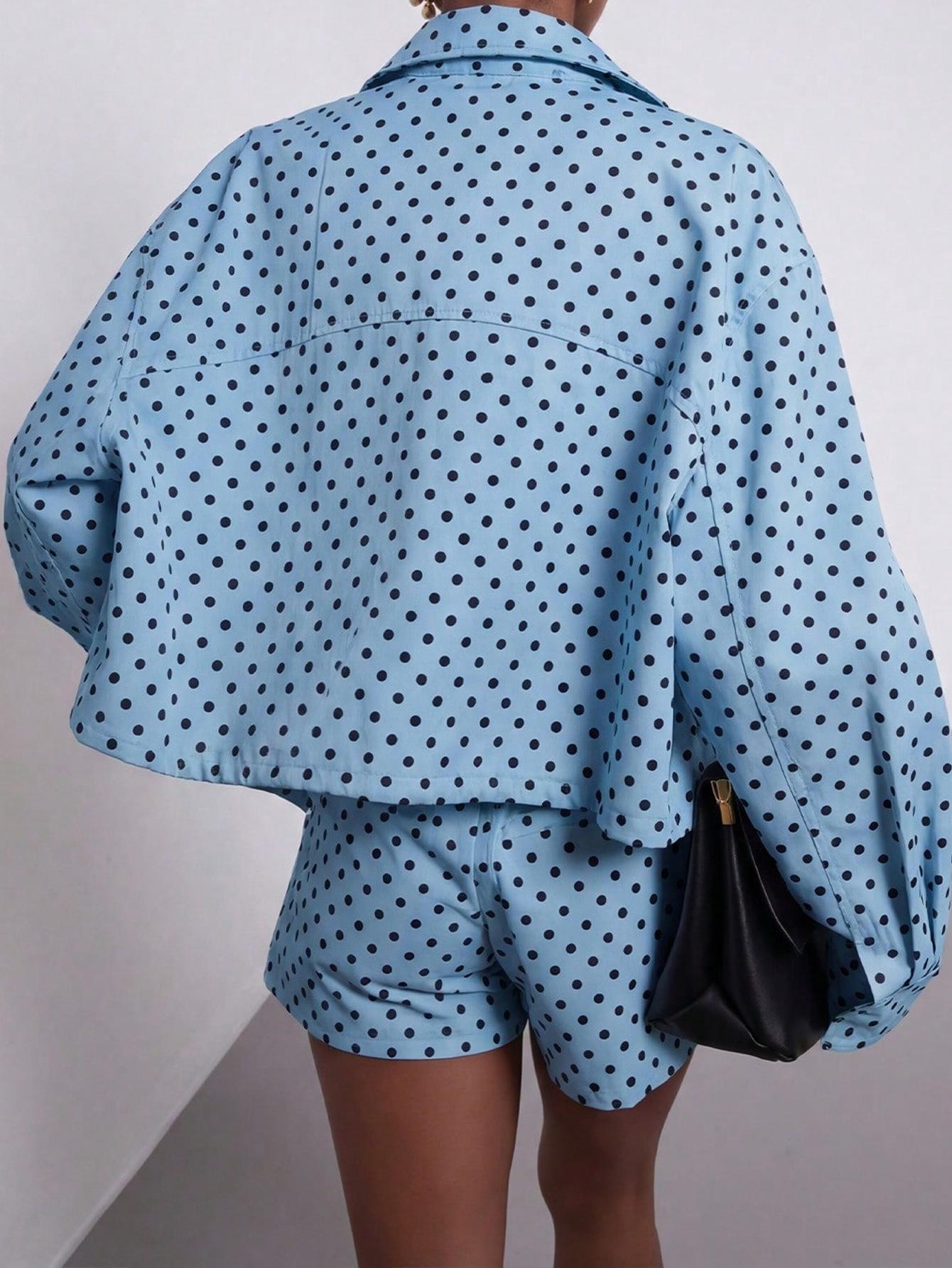 Women's Spring Fall Fashion European Style Stand Collar Vintage Polka Dot Long Sleeve Jacket Pilot Look Outerwear with Polka Dot Shorts Two-Piece Set Blazer Shorts Set