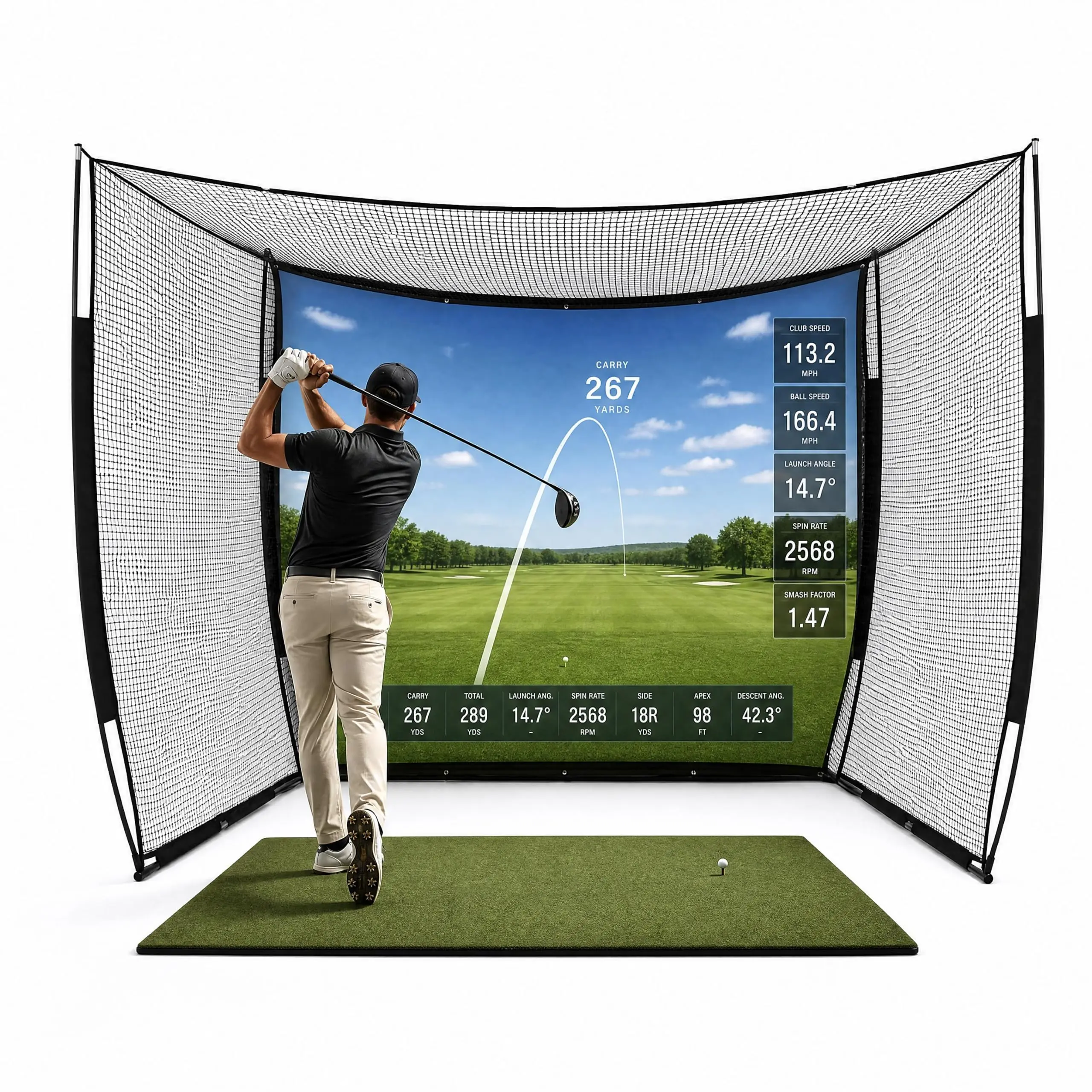 Hosslly 10x8 ft Fixed Size Functional Golf Net Cage with Frame, Blank Projection Screen - Indoor/Outdoor Home Simulator Swing Training Hitting Net