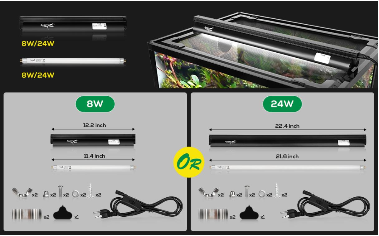 T5 Reptile Light Fixture Combo Kit 24W Light Fixture Reptile Terrarium Hood 10.0 UVB Light Bulb dimmable Fluorescent Tube Ideal for Tropical and Deserts Such as Bearded Dragon Lizards and Tortoises