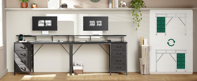 Huuger Computer Desk with Power Outlets and LED Lights, Gaming Desk with 4 Drawers, Office Desk with Monitor Stand, USB-C Port