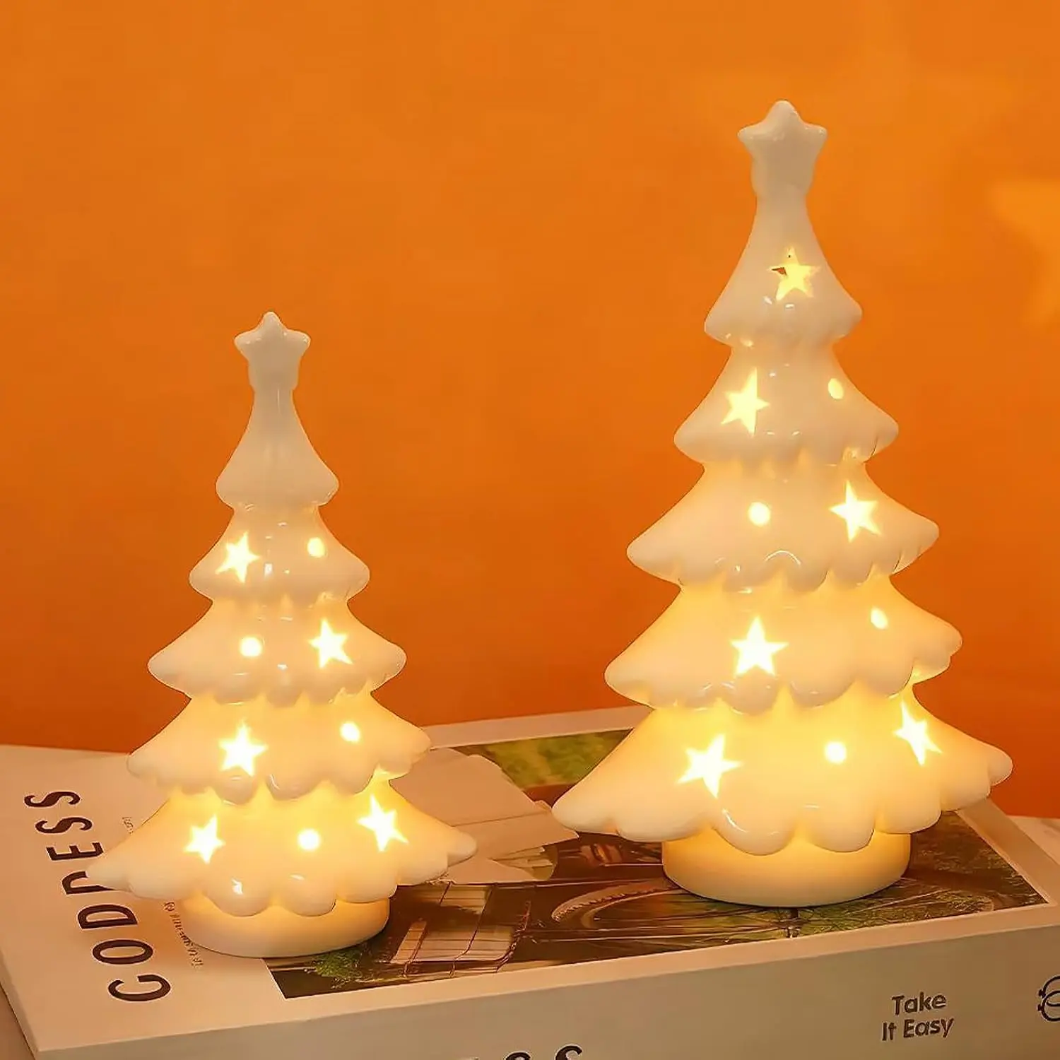 2 count Light Up White Ceramic Christmas Trees, Table Top Christmas Tree with Lights, Porcelain Tree Figurine with Timer, Small Ceramic Christmas Trees Set, White Christmas Decor for Tabletop