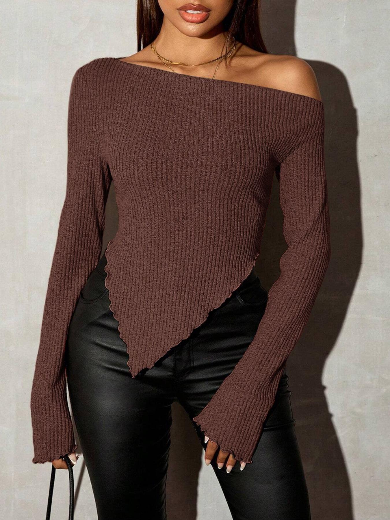 Women's Asymmetrical Neck Ribbed Knit Plain Shoulderless Sexy T-Shirt, Fall Casual Outerwear, Stylish Ladies' Top for Daily Wear